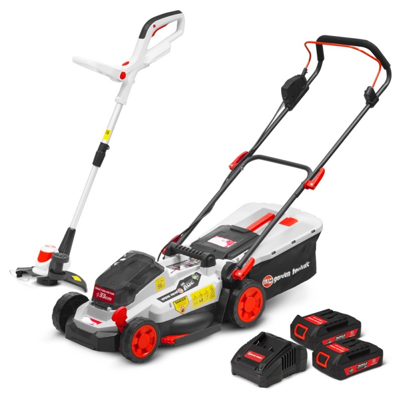 Tondeuse et coupe bordures rechargeables 20V max + 2 batteries - Elem Garden.