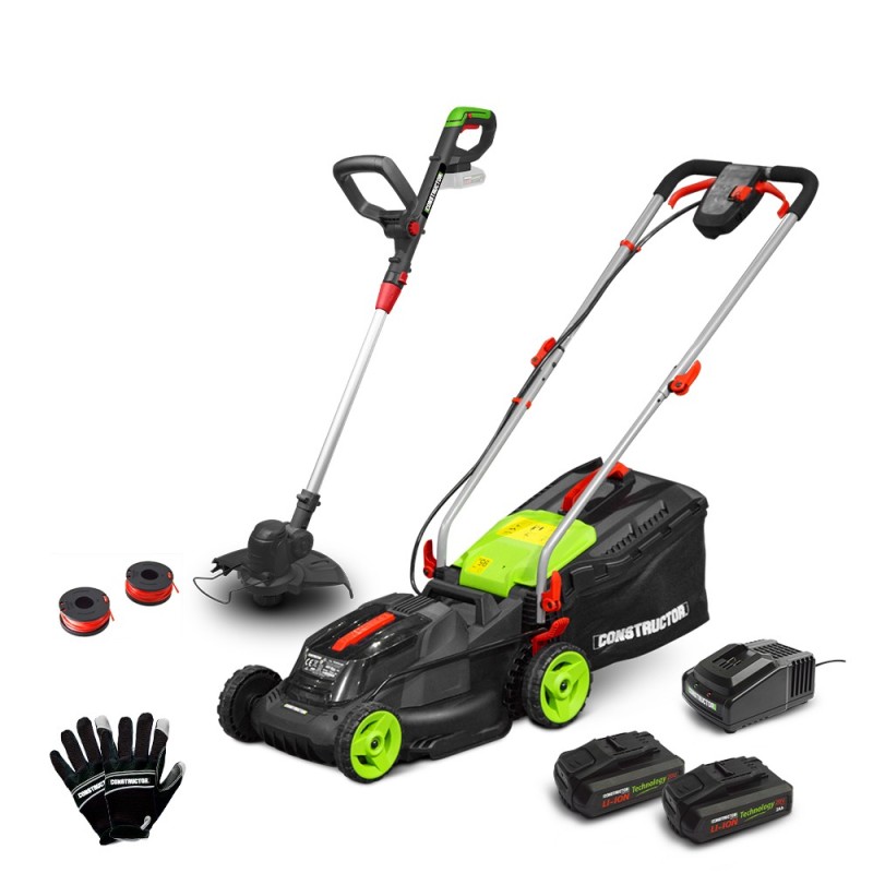 Tondeuse rechargeable 40V (2x20V) 34 cm + coupe bordures + gants + 2 bobines avec 2 batteries 2Ah et chargeur - Constructor